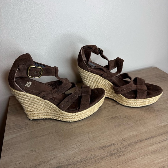 UGG Lauri Chocolate Suede Espadrille Wedges Size 8 Brown - Picture 3 of 9